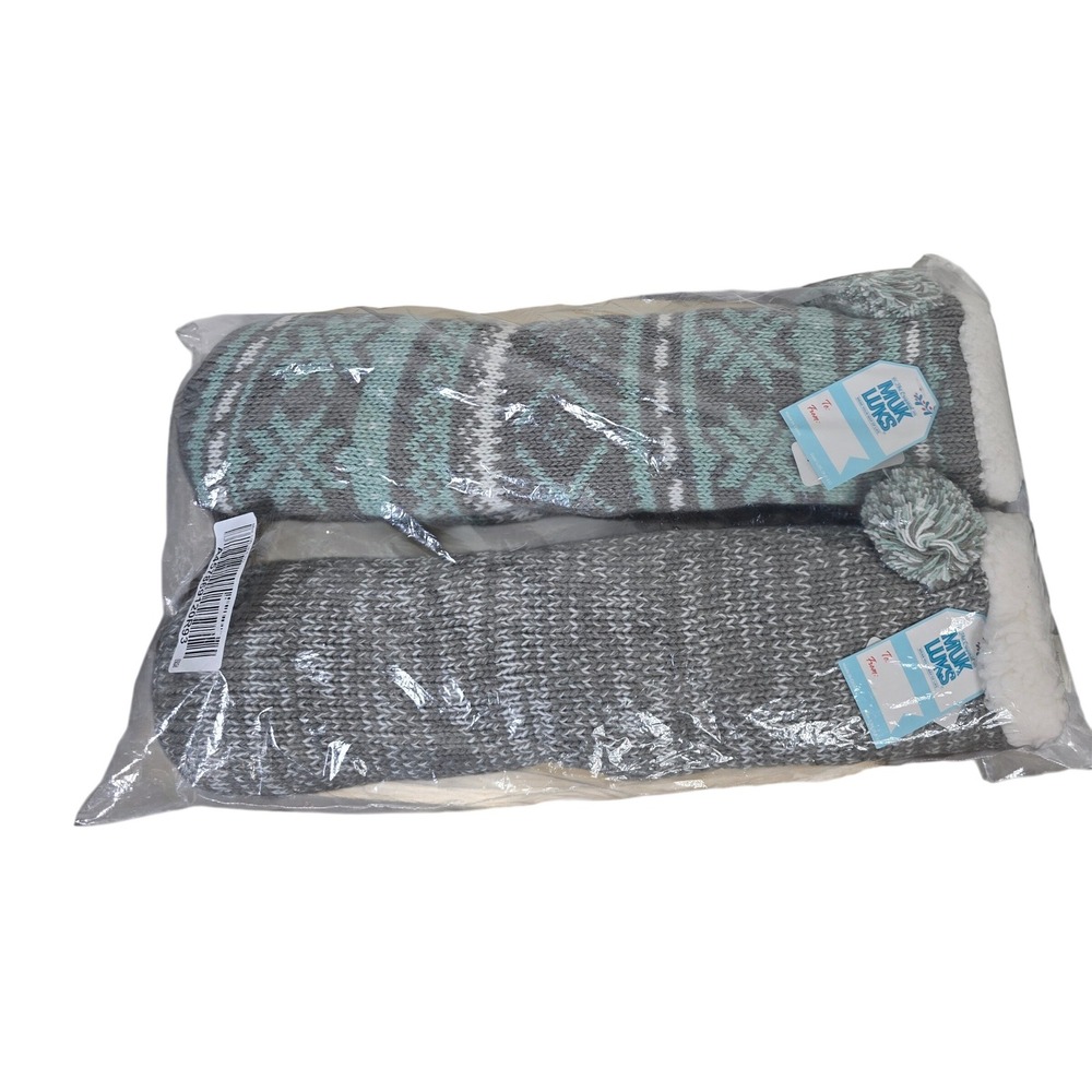 Muk Luks Tall Slipper Socks 2 Pair Set Grey Mint Fair Isle Pom Pom L/XL 8.5-11